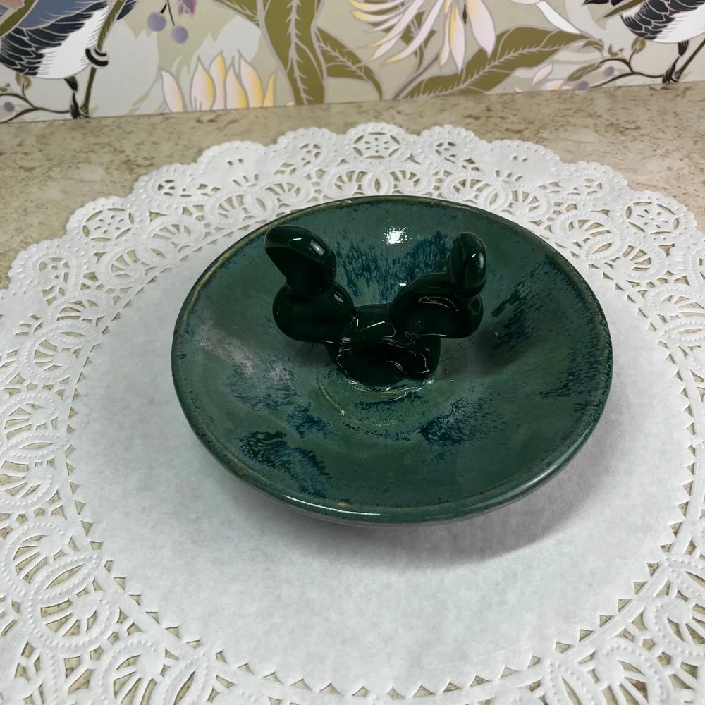 Studio Pottery Prickly Pear Ring Dish 4in Teal Green Handmade Ceramic Signed TCS